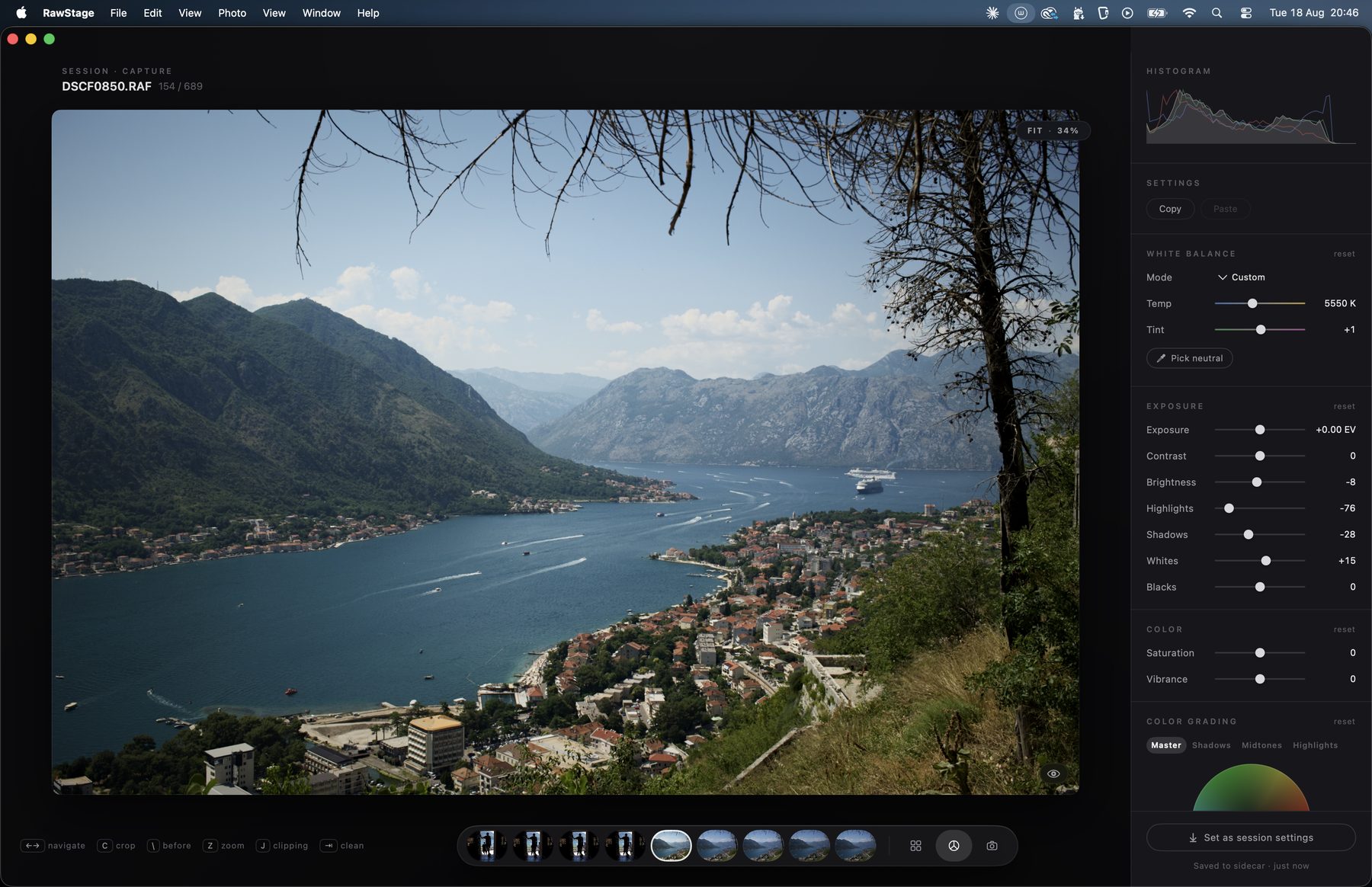 RawStage develop view — Bay of Kotor session, edited