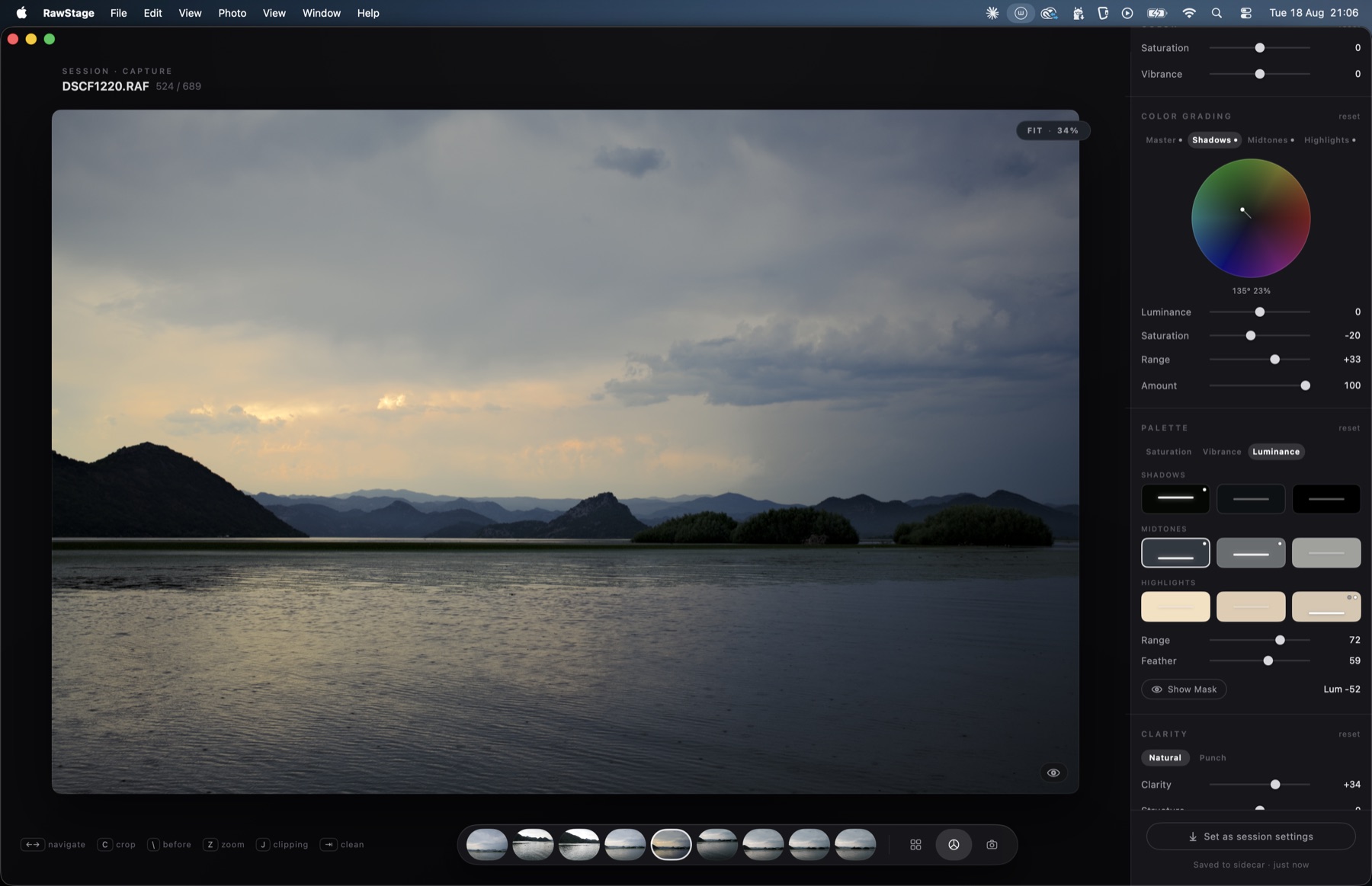 RawStage develop view — Skadar lake at dusk, graded with the shadows wheel and a luminance palette selection