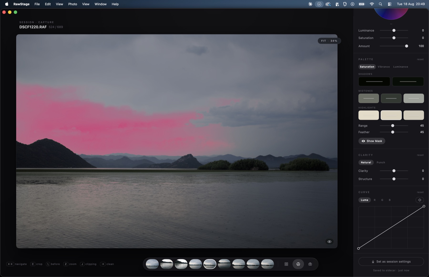 RawStage palette selection with Show Mask on — the affected area drawn in pink over the sky, Range 45 and Feather 45